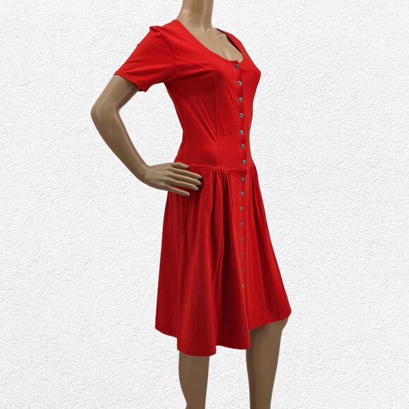 Vintage 1990s Liz Claiborne Shirt Dress Red Pockets Drop Waist Size Petite XS - Picture 2 of 9